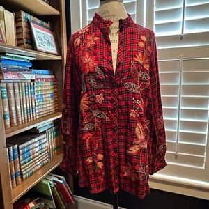 Johnny Was Red and Black Penelope Ruffled Checkered Top with Floral Embroidery